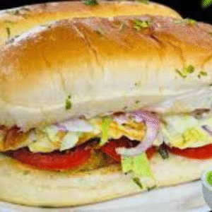 Halal egg shami burger with lettuce, sauce, and bun